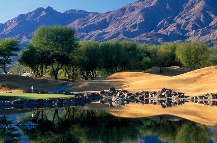 Lake view surrounded by mountains at La Quinta Resort & Club in Palm Springs.