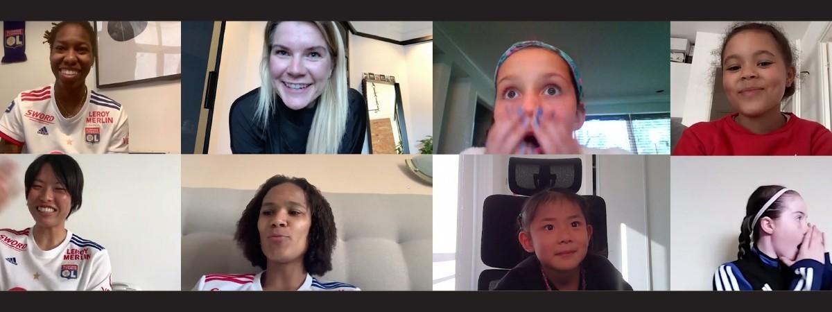 Four Olympique Lyonnais Féminin players on a computer screen during virtual STEM session with their fans.