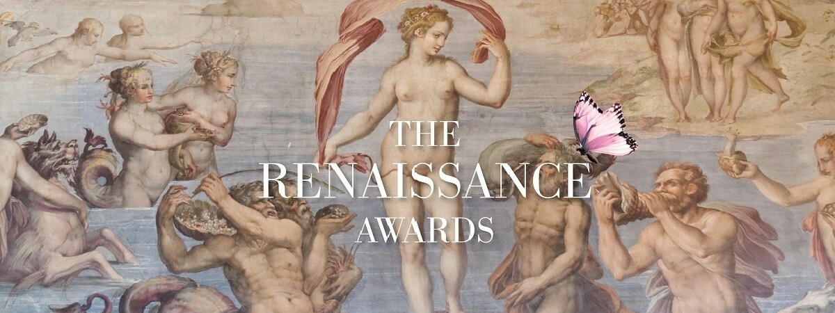 Fresco “Water” in the Quarters of the Elements of Palazzo Vecchio in Florence with the wording “The Renaissance awards” and a butterfly symbol of The Renaissance Awards.