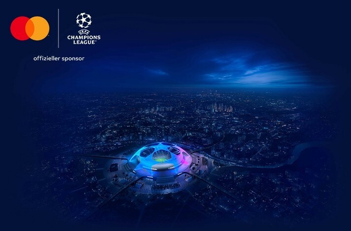 Bird’s-eye view at the football stadium. There is a joint logo of UEFA Champions League and Mastercard in the top left corner.