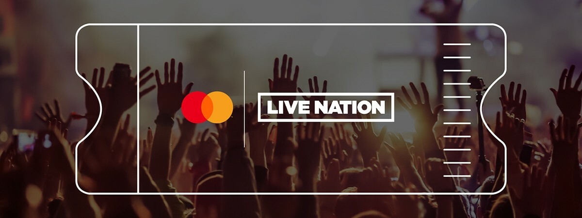 Graphic sketch of a smartphone displaying Live Nation in cooperation with Mastercard. An image of a crowd of people with their hands up during a performance as a background.