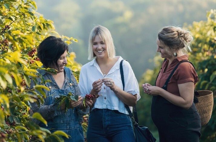 Group of women walking through coffee plantations during the coffee farm tour