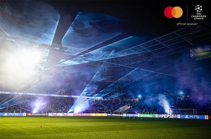 The stadium during the UEFA Champions League match. The image is featuring UEFA and Mastercard logos on the top right corner