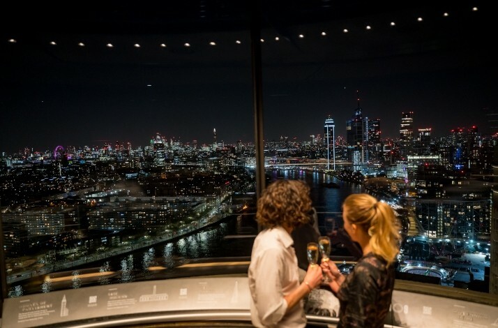 A couple enjoying exclusive complimentary champagne at Lift 109 with a view on a night London